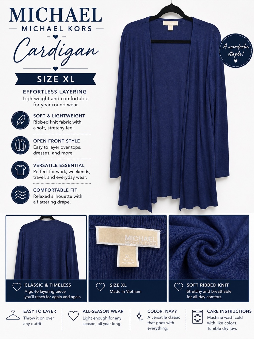 MICHAEL Michael Kors Navy Open-Front Ribbed Knit Cardigan Size XL GUC
